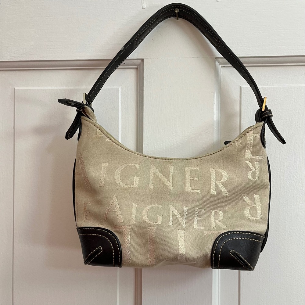 Etienne Aigner True Y2K Small Baguette Crescent Shoulder Bag Canvas Leather Logo